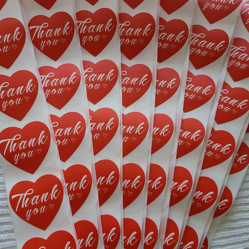 50 THANK YOU Stickers Red Heart 1.5"